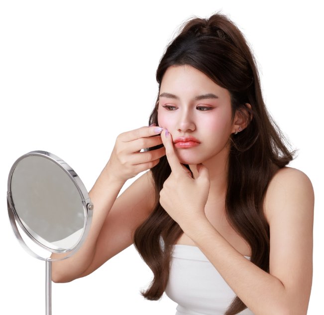 A teen looking at her reflection in a small round mirror